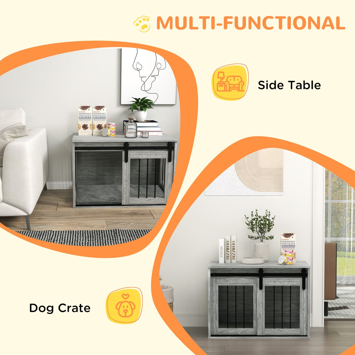 80cm Dog Crate Furniture with Removable Cushion for Large Dogs- Grey-4
