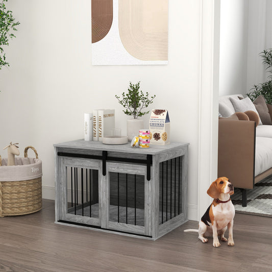 80cm Dog Crate Furniture with Removable Cushion for Large Dogs- Grey-1