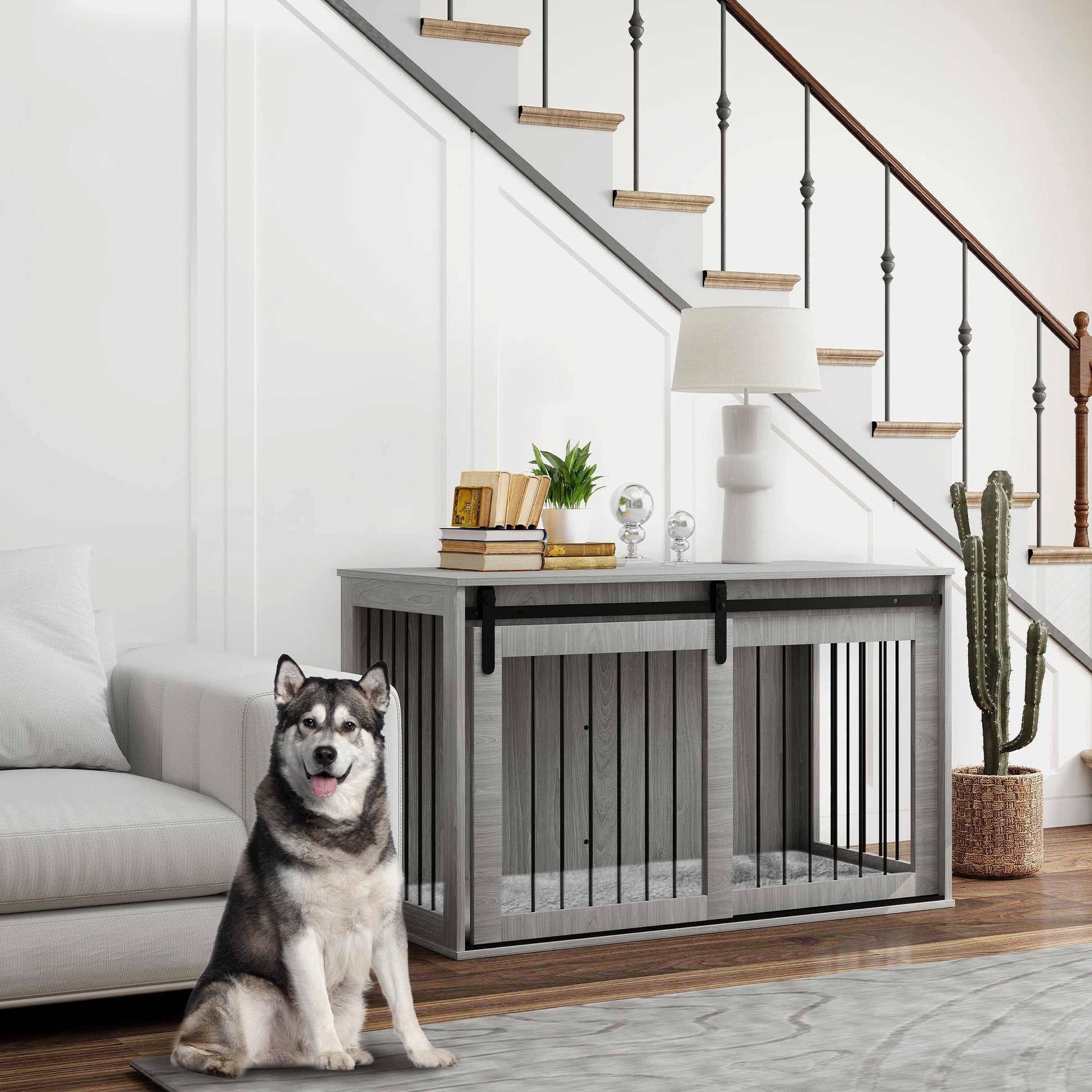 118cm Dog Crate Furniture with Removable Cushion for Extra Large Dogs - Grey-1