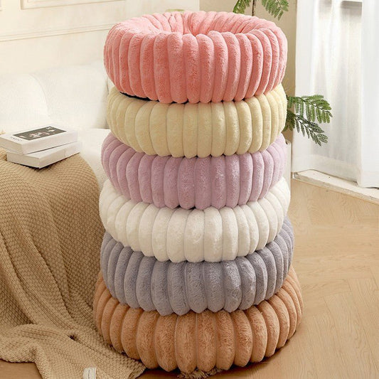 Plush Ribbed Round Pet Bed - Cream-1